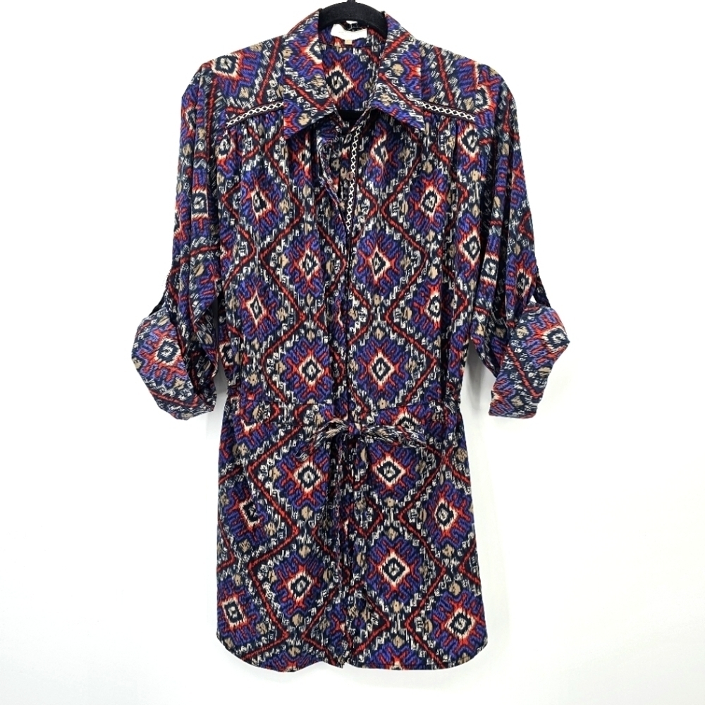 Sugarlips Boho Embellished Print Belted Tunic Blouse Womens Size Large